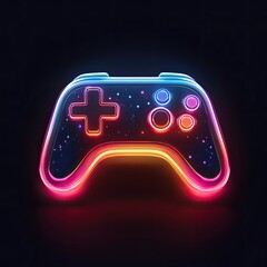 Neon glowing video game controller on dark background.
