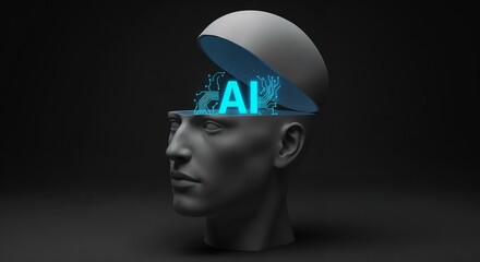 A visual representation of artificial intelligence depicted through an open human head with glowing AI letters, symbolizing innovation, technology, and futuristic concepts.

