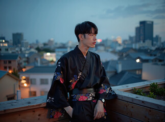 Young Man in Black Floral Kimono on City Rooftop at Dusk