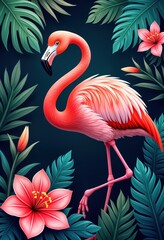 Pink flamingo stands in tropical garden. Surrounded by exotic flowers, green leaves. Beautiful vibrant colours in nature scene. Ideal for summer design decorative prints. Illustration evokes sense of