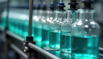 Industrial production line processes teal colored liquid in glass bottles. Automated system handles chemical substances. Quality control measures evident in workflow. Manufacturing plant setting.