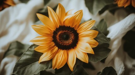 Close-up of a vibrant sunflower with a dark center, set against a textured background