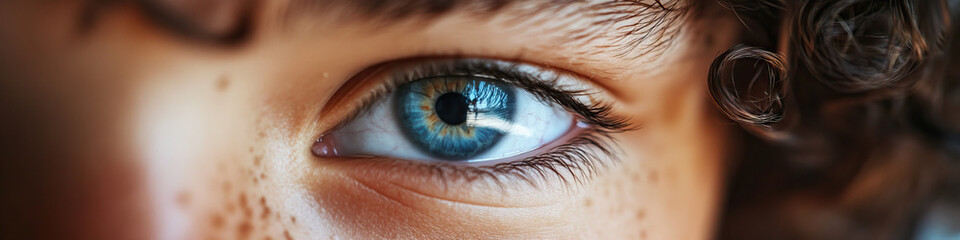 Close-up of Blue Eye with Freckles and Curly Hair