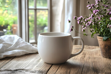 Elegant minimalist coffee cup mockup on a wooden table, perfect for showcasing branding designs or cozy coffee shop vibes