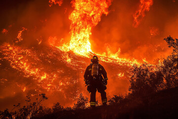Fototapeta premium fire background with place for text. a firefighter silhouetted against towering flames, their figure framed by the intense orange and red of the blaze.