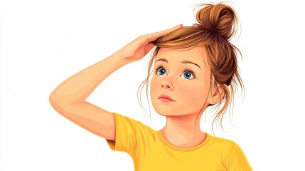 Fototapeta premium Contemplative young woman with hand on hair in front of white background for creative thinking concepts