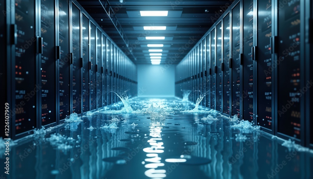Fototapete Water floods server room in datacenter. Disaster recovery process failure. Tech infrastructure suffers critical damage. Flooding risks tech disruption. Building suffers business risks. Modern tech