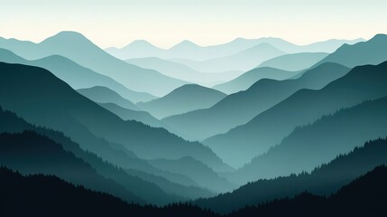 Obraz premium Serene mountain landscape with layered hills and soft hues at dawn, ideal for tranquil backgrounds