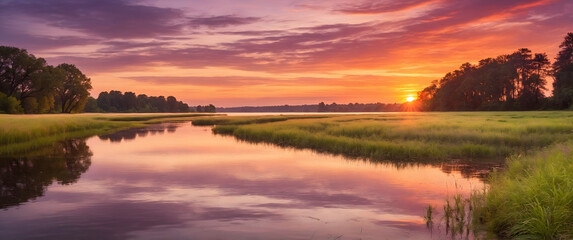 Obraz premium A peaceful sunset on a calm river bordering grassy fields; suitable for nature-themed presentations, calm environment concepts, or tranquil backgrounds