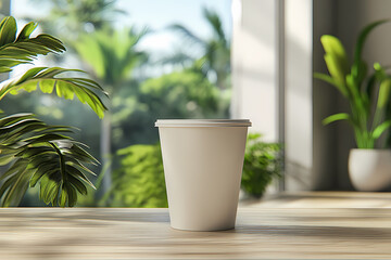 A stylish minimalist coffee cup mockup on a wooden table, perfect for showcasing your designs