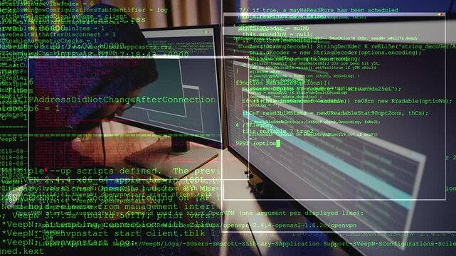 Hacker in hood works on multiple monitors, cracks passwords and infiltrates banking systems. Network security breaches show identity theft while anonymous cybercriminal types binary code on keyboard