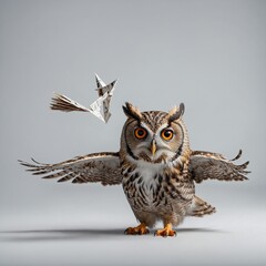Fototapeta premium A cartoon owl flying a tiny paper airplane, its wings spread wide with a playful expression on a white backdrop.
