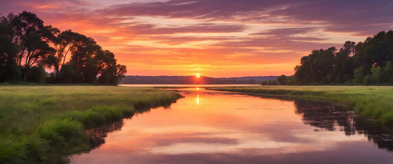 Obraz premium A peaceful sunset on a calm river bordering grassy fields; suitable for nature-themed presentations, calm environment concepts, or tranquil backgrounds