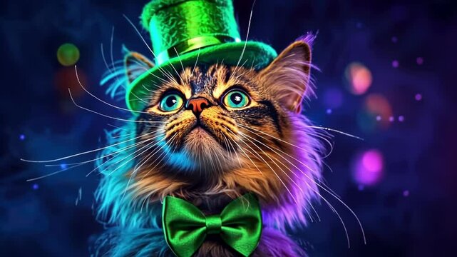 Fluffy cat in green top hat and bow tie with colorful bokeh lights. Happy St. Patrick's day.