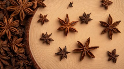 Beautiful Arrangement of Star Anise on Wooden Surface Showcasing the Unique Star Shaped Spice with Natural Brown Tones for Culinary and Decorative Use