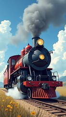 Obraz premium Steam Locomotive Wallpaper: Blue Sky, Clouds, Flowers Against Rustic Tracks