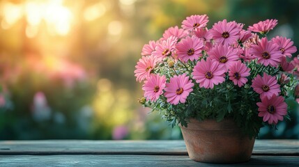 Obraz premium Pink Osteospermum flowers in terracotta pot outdoors