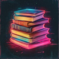 Stack of books with vibrant neon glow. (1)
