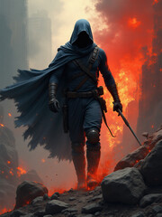Dark Hooded Figure Walks Through Fiery Lava Landscape
