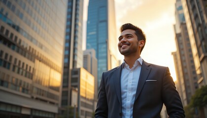 A happy, successful Indian businessman standing confidently in the street of a modern city, surrounded by towering skyscrapers during a sunset.