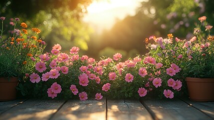 Fototapeta premium Pink and orange flowers bask in sunset glow