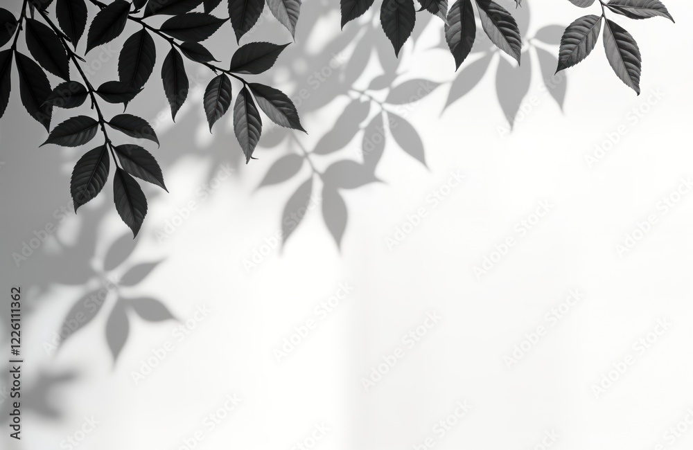 Poster Natural light shadows of leaves, branches on plain white surface. Soft shadows create subtle pattern. Simple, elegant design. Perfect for various creative projects. Use photo as backdrop for