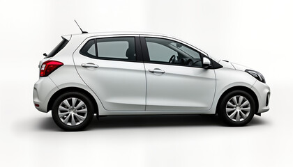 Fototapeta premium White hatchback car side view isolated on white background. Modern vehicle design with stylish wheels. Compact, new car model for family use. Car looks fast, sleek. Car features sleek lines,