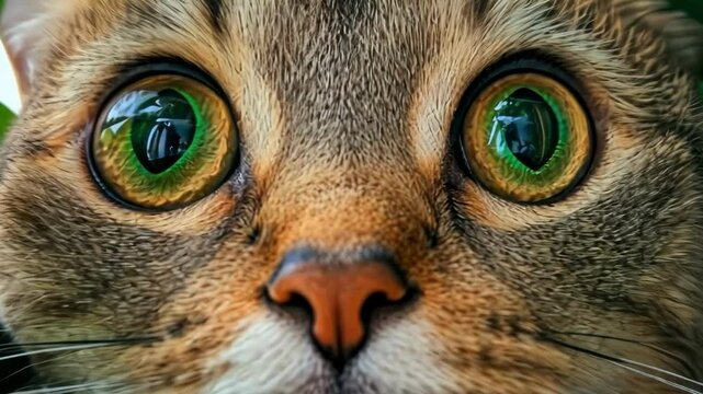 Curious tabby cat peering through wooden fence surrounded by green leaves. Happy St. Patrick's day.