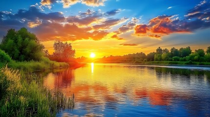 Majestic Sunset over Serene River Landscape