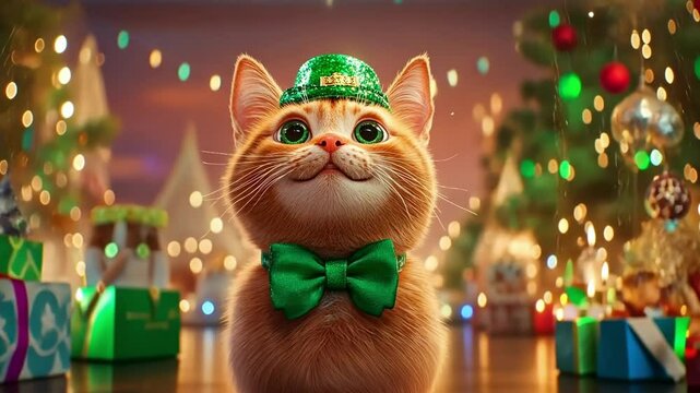 Ginger cat with green hat and bow tie celebrating festive christmas. Happy St. Patrick's day.