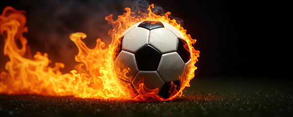 Fototapeta premium Fiery soccer ball blazing on dark field. Burning ball embodies intensity, passion of sport. Abstract illustration perfect for athletic themes. Image shows dynamic movement, energy. Great for sports