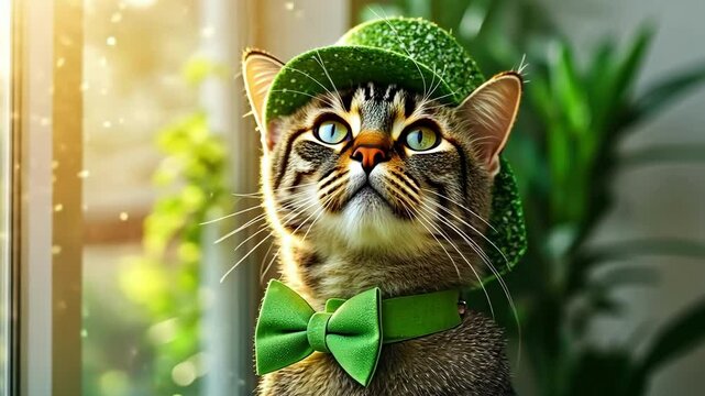 Tabby cat in green hat and bow tie gazing at sparkling light. Happy St. Patrick's day.
