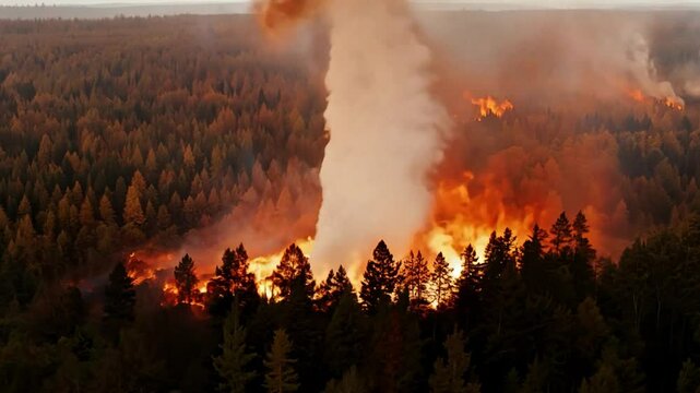 A large column of flames and smoke during a fire in a wooded area.
