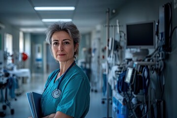 Female doctor wearing green scrubs holding patient's chart in hospital corridor