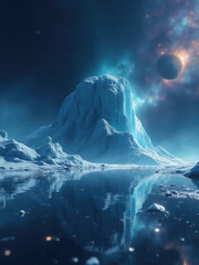 Majestic Ice Mountain Reflected In Water With Cosmic Background
