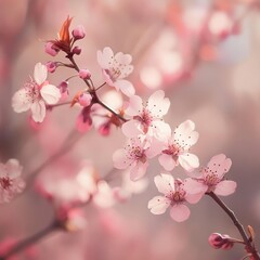 Obraz premium Pink cherry blossoms bloom beautifully on thin branches, set against an enchanting soft-focus background, embodying the essence of spring and renewal in nature.