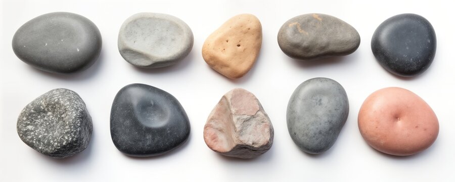 Isolated smooth rocks various colors, shapes on white background. Different tones of grey beige, pink. Natural stones. Suitable for background use in design projects. Display of natural stones.