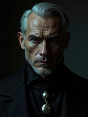 Mystical Man With Silver Hair And Intense Gaze In Dark Settings
