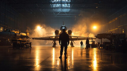 silhouette of person stands hangar, with aircraft illuminated by dramatic lighting and smoke. atmosphere conveys sense of anticipation and