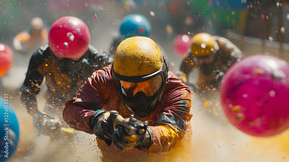 Wall mural adrenaline chase: paintball players strategically duck behind obstacles in intense game of skill and