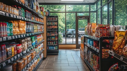 Naklejka premium Aisle View of a Bright and Well-Organized Convenience Store Displaying an Assortment of Snacks and Beverages with Outdoor Sunlight in the Background