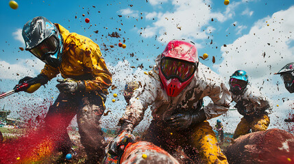 Adrenaline Chase: Paintball Players Strategically Duck Behind Obstacles in Intense Game of Skill and Strategy Under a Sky Constellated with Paint Splatters