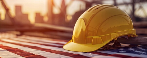 Yellow hard hat rests on an american flag against a blurred urban backdrop at sunset