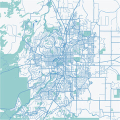 Map of Bend in Oregon in a professional blue style. Contains layered vector with roads water, parks, etc.