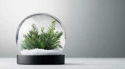 Evergreen branch in snow globe, winter scene, minimalist background, holiday decoration