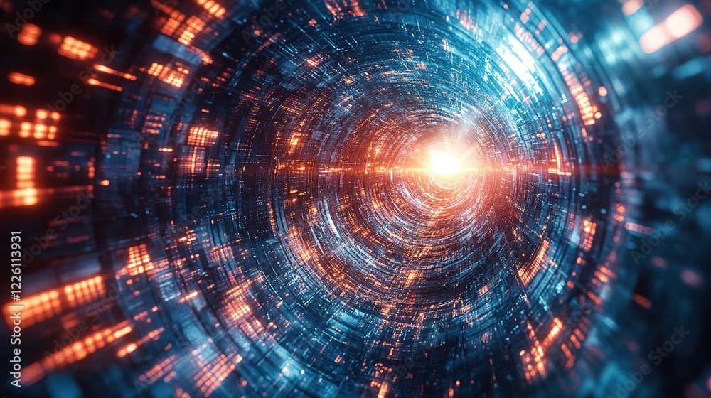 Poster exploring the glowing data tunnel a futuristic journey through digital space sci-fi concept abstract