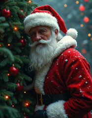Jolly Santa Claus Peering From Behind A Christmas Tree With Ornaments In A Cozy Setting