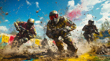 Adrenaline Chase: Paintball Players Strategically Duck Behind Obstacles in Intense Game of Skill and Strategy Under a Sky Constellated with Paint Splatters