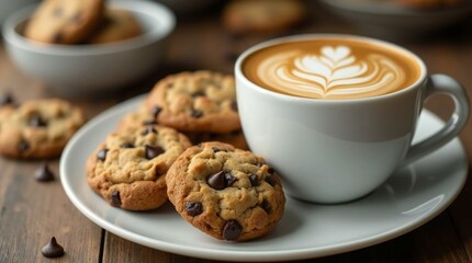 A Cup of Coffee with Latte Art and Cookies with Chunks of Chocolate.