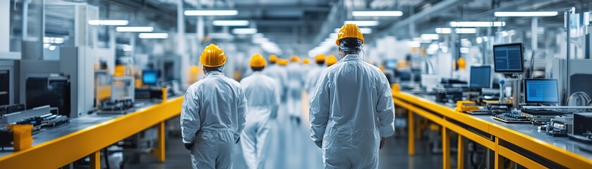 Fototapeta premium Industrial workers collaborating in a modern factory manufacturing facility digital workspace bright environment overhead view
